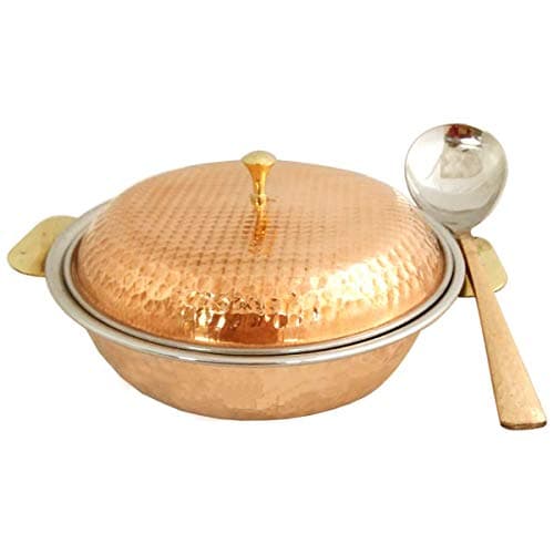 KitchenWellness Craft Hammered Steel Copper Casserole Donga Bowl/Copper Handi with Lid and Serving Spoon, Tableware & Serveware | Capacity 850 ML