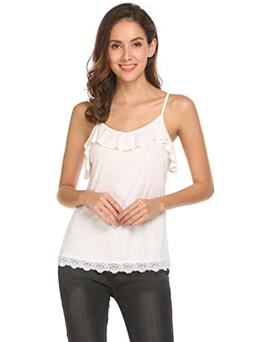 SUNAELIA Women's Plus Adjustable Strap Lace Trim Tank Top White L