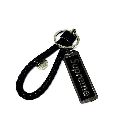 Supreme Key chains Braided Leather Woven Tide Metal Ring Paint Strap Sup Charms (Black)