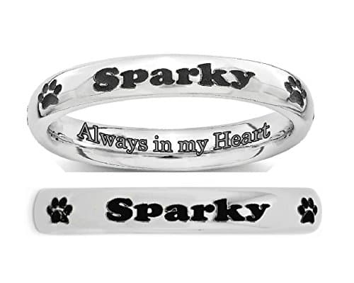 Personalized Custom Made Ring with Anmial Pet Dog Paw Print, Your Name, or Any Text Customization and with Inside Ring Engraving on Sterling Silver 3mm Band ~ Sizes 4 to 13 ~ by