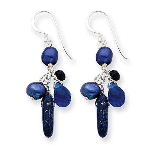 .925 Sterling Silver 46 MM Blue Sandstone/Dark Blue Freshwater Cultured Pearl Earrings