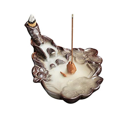 LEAFIS Waterfall Smoke Ceramic Backflow Incense Burner with 10pcs Incense Cones Incense Stick Holder for Home Office Decor (Light Brown)