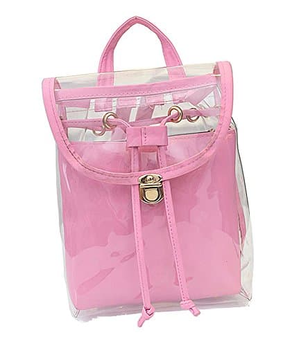Jesdo Women's 2 in 1 Clear Drawstring Backpack Transparent Travel Beach Handbag Bag (Pink)
