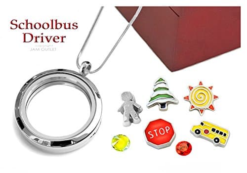 SCHOOL BUS DRIVER 30mm Memory Locket Pendant Set, Floating Charms and Sterling Plated Necklace