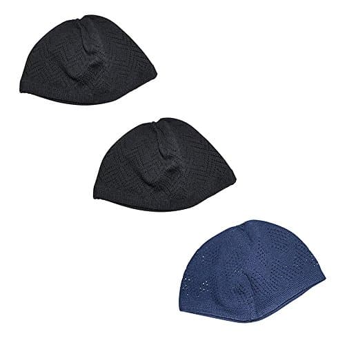 Kufi Hats for Men Prayer Cap Bundle White Black Blue Green Tan (2 Black 1 Blue)