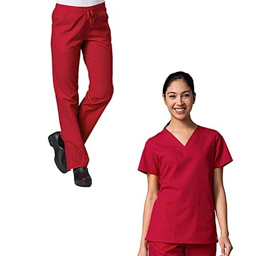 Red Panda V-Neck Two Pocket Top & Half Elastic Pant Scrub Set (X-Small Tall, Red)