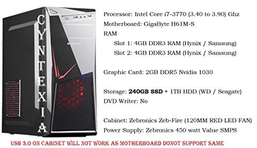 Cyntexia Gaming Desktop Computer Intel Core i7-3770/8GB DDR3 RAM/240GB SSD/1TB HDD/2GB DDR5 GeForce 1030 GPU/OS & Basic Software Installed/Plug & Start