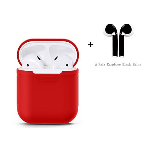 AKeel AirPods Case Protective Silicone Thin Slim Cover and Stylish Protective Skins Bundle for Apple Airpods (Clear Case & Matte Black Skin) (Red)