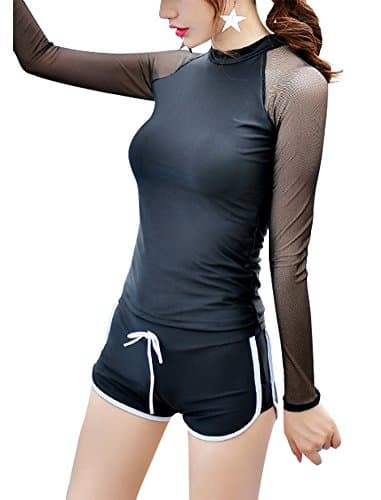 Smibra Womens Mesh Long Sleeve Rush Guard Board Shorts Flare Two Pieces Sports Swimsuit