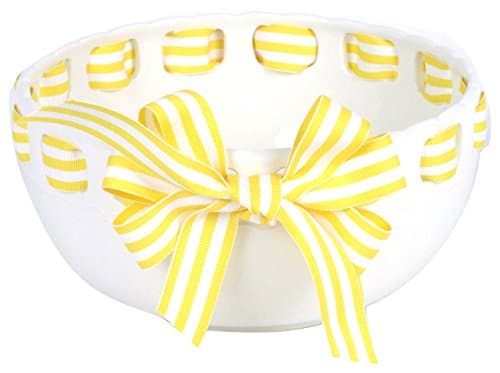 Prissy Plates Decorative Serving Bowl with Yellow/White Stripe Ribbon, White