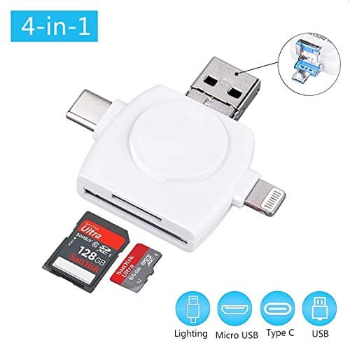 YsinoBear SD Card Reader, Micro SD TF USB C Card Reader for iPhone iPad Android Mac PC, 4 in 1 Memory Card Reader Adapter with Lightning Micro USB Type C and Standard USB Connector