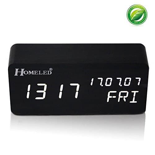 Homeled LED Digital Alarm Clock Wireless with Time Date Week and Temperature Wooden Cube Desk Alarm Clock for Kids, Bedroom, Office, Sound Control with Dual Power Supply (New Pattern Black)
