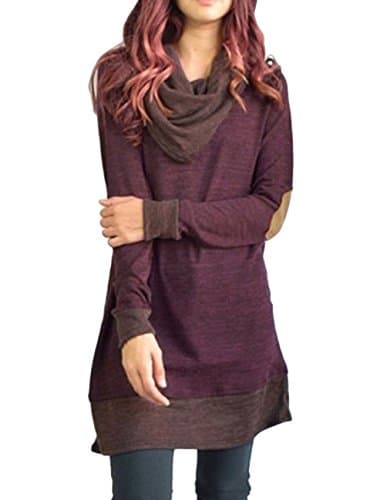 Jiu1ai Cowl Neck Tops Two Tone Color Block Pullovers Elbow Patchs Long Tunic Shirts