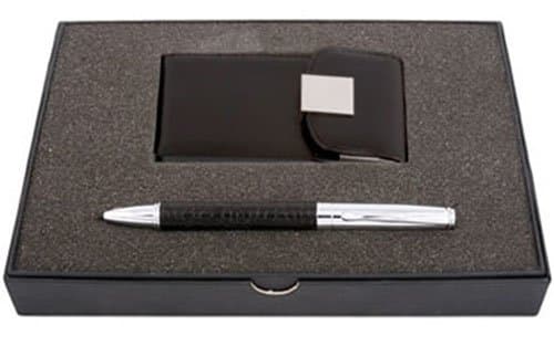 Black Card Holder with Leather Ballpoint Pen Set
