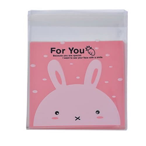 Souarts 50PCs Pink Cute Rabbit Self Adhesive Seal Plastic Cookie Storage Gift Bags 13.1x9.9cm