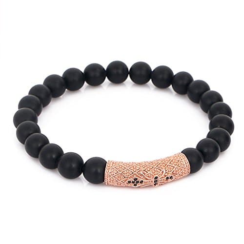 LOLOJ 8mm Matte Agate Stone Beads with Micro Pave Black Cz Silver Plated Heart Cross Tube Beaded Mens Bracelets