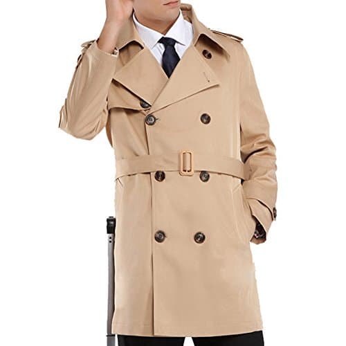 Khaki Mens Trench Coat Belt Spring Thin Double Breasted Jacket Overcoat Outwear