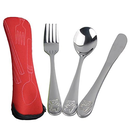 Dovia Stainless Metal Utensil Set, Bear Model, 3-Piece Flatware includes Spoon, Fork, Butter Knife, Colorful Cases (Red)