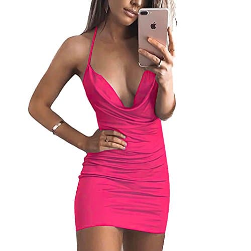 VANCOL Women's Sexy Deep V-Neck Halter Backless Slit Mini Party Club Dress