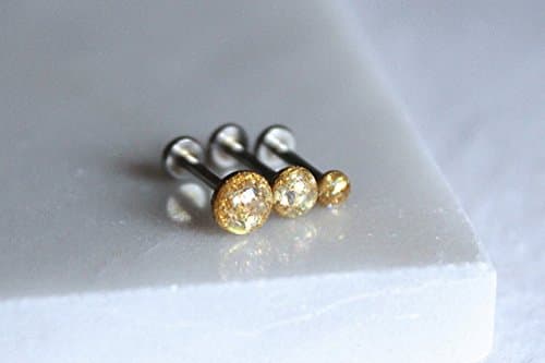 18g or 16g: Opalescent Gold Internally Threaded Triple Labret Set; 1.5mm, 2mm, 2.5mm, 3mm, 4mm, 5mm Gem Sizes; 5/32" (4mm), 1/4" (6mm), 5/16" (8mm), 3/8" (10mm), 15/32" (12mm) Lengths