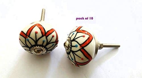 Om Creation Leaf design set of 10 door knobs and drawer pulls,ceramic door knobs,ceramic cabinet knobs, Ceramic drawer pulls (White-Red-Black)