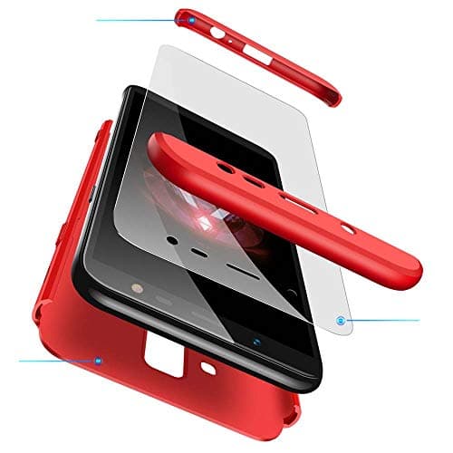 cmdkd Galaxy J8 2018 Case, 360 Degree Protection 3 in 1 Slim PC Cover Shockproof Shell Full Body Coverage Hard Protective Case + Tempered Glass Screen Protector for Galaxy J8 2018 Red