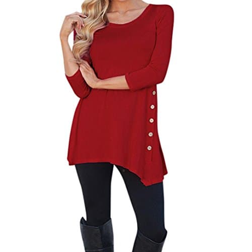 Gocheaper Long Tunic,Women's Pullover Loose Button Trim Blouse Tops T-Shirt (M, Wine)