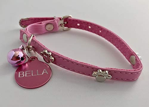 RS PETS Real Leather Paw Charm Cat Collar & Bell (With Double Sided ID Tag) Matching Colour (PINK)