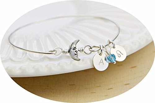 Man in the Moon Bangle Bracelet- Initial and/or Zodiac Personalized Sterling Silver Filled Wire Wrapped Bracelet- Custom Made to Size