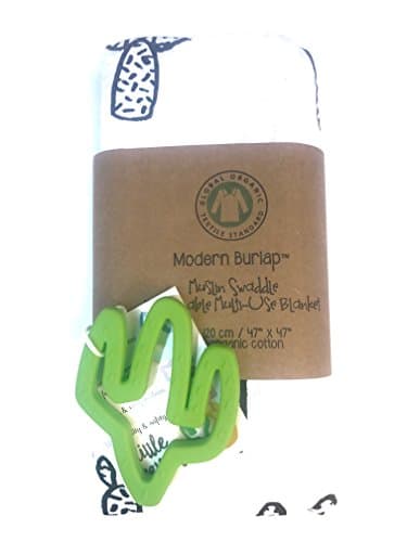 Organic Modern Burlap Baby Swaddle and Little Teether Gift Box (Lime Cactus)