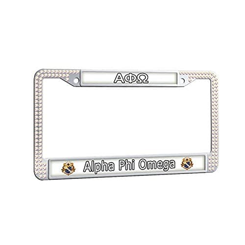 Alpha Phi Omega License Plate Frame Fraternity License Plate Cover, White Rhinestones Auto Car Tag Vanity License Tag Holder