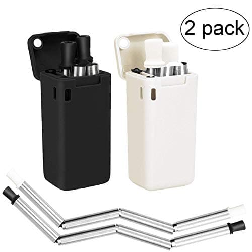 Senfhome 2-Pack Collapsible Straws, Stainless Steel Reusable Foldable Drinking Straws | Keychains and Portable Case Included | Upgraded Cleaning Brush (Black/White)