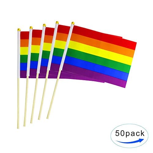 LoveVC Rainbow Gay Pride Stick Flag,50 Pack Hand Held Small LGBT Flags Banners With Wood Stick,Decorations Supplies For Mardi Gras,Gay Pride,Rainbow Pride Party,Festival Events Celebrations