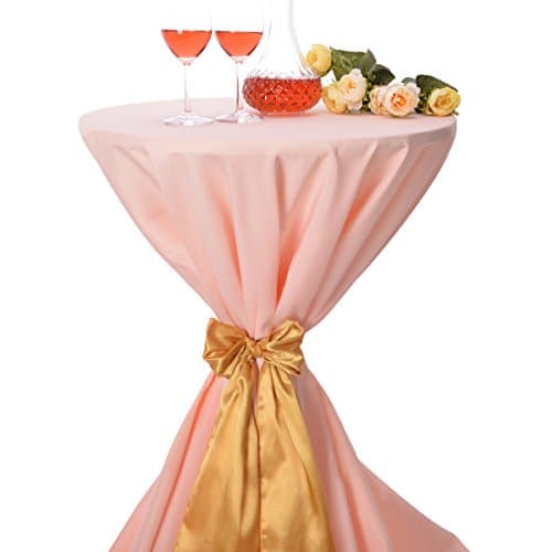 LOVWY 24 Inch (2 FT) Cocktail Round Tablecloth Seamless Polyester Fabric + Satin Sash for Decoration of Wedding Engagement Club Bar Outdoor Party (Light Pink, Gold Sash)