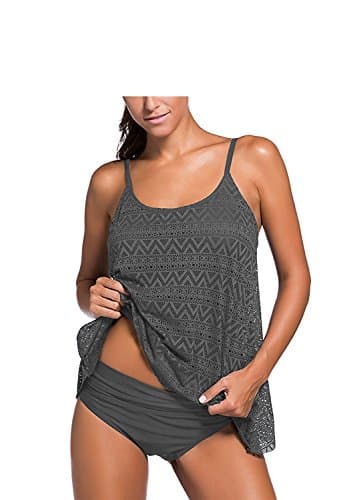 Also Easy Chic Womens Lace Tankini Top with Briefs Bikini Swimwear Swimsuit Gray L New