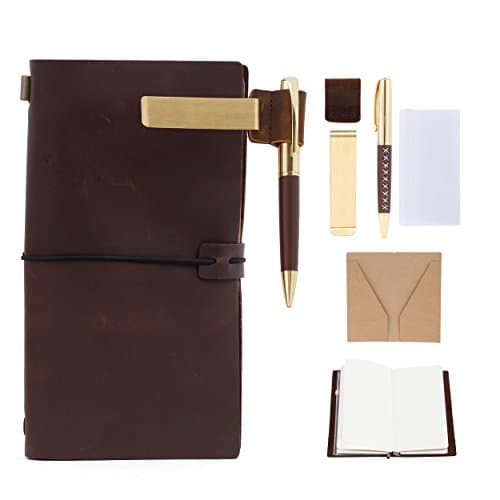 Refillable Leather Journal Notebooks, Genuine Leather Travellers Notebook for Writing, Gifts, Professional, Vintage Diary with Pen, Penholder, Clip, Zipper and Card Pocket - 8.54" x 4.7"
