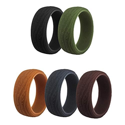 Silicone Wedding Ring Band for Men 5 Pack Size 7 8 9 10 11 12 13 14 Mens Bark Texture Rubber Wedding Bands Rings 8.7mm Wide - Black, Iron-Grey, Coffee, Olive Green, Earth Tone