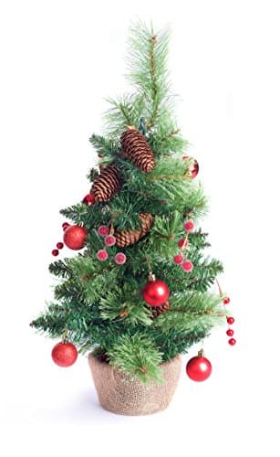 Best Artificial 2ft / 60cm Small Decorated Indoor Christmas Tree with 20 Warm White LED Battery Lights (Red)