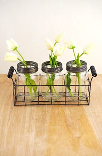 Wire Basket With 3 Glass Mason Jars With Frog Lids Three Jars Spaced Inside An 11in. Wire Basket With Handles 5in. x 3in. Wide. 5.5in. ¡Á 3.75in. ¡Á 11-7/8in.