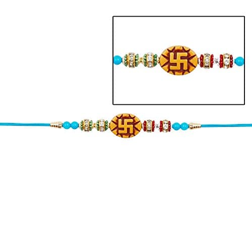 Rakhi Thread for Brother Bhaiya with Multicolor Stones & Centered Swastik Design for Rakshabandhan Rakhee Bracelet ( Blue )