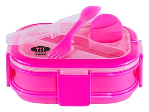 Kitchen Pro 101 Expandable & Collapsible Dual Layer Bento Box Silicone Container Children/Adult Lunch Box, 2 Compartments with Condiment Lid (Pink)