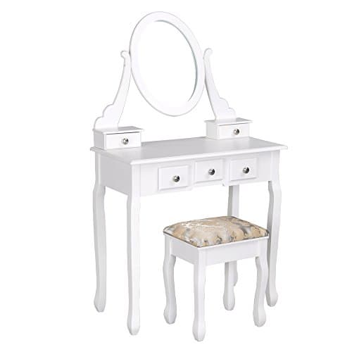Ihouse Vanity Shabby Chic Bedroom Dressing Makeup Table Set w/5 Drawers Stool Set w/Mirror White