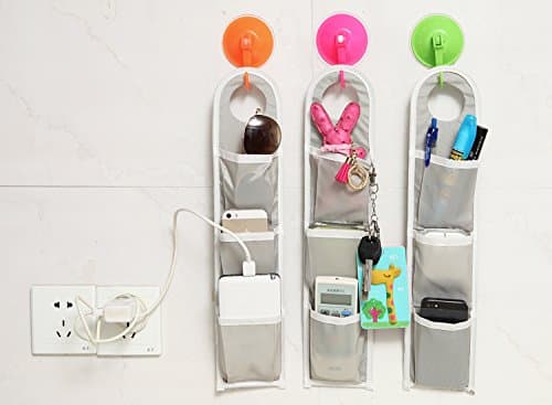 WoSite 3 Pockets Closet Organizer Ideas - Hanging Wall Organizer and Storage Bag with Strong Sucker Hooks - Multipurpose Home Organizer for Bedroom, Bathroom and More(3 bags+3 hooks)