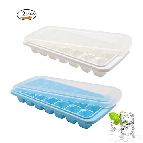 Ice Cube Trays 2 Pack -Flexible Release Plastic Ice Tray with Lids, Food Grade Safe & BPA Free Ice Cube Mold Storage Containers for Cocktail, Whiskey, Juice and More (White & Blue)