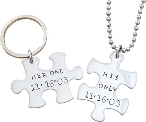Her One/ His Only Necklace and Key chain set - Puzzle Piece Stainless Steel - Hand stamped
