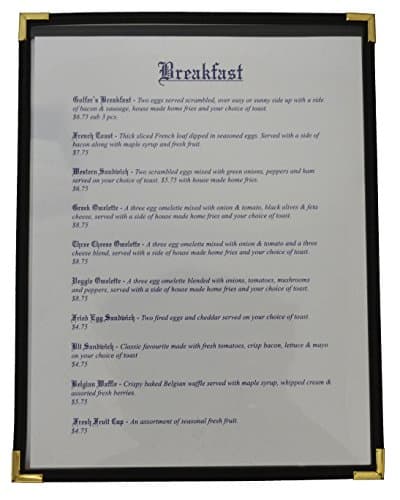 25 Pack - Clear Cafe Restaurant Menu Cover - 11" X 8.5" - Single - Black w/ Brass Corners