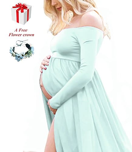 Maternity Photography Chiffon Gown Off Shoulder Long Sleeve Split Front Maxi Dress for Photoshoot (Medium, Light Green)