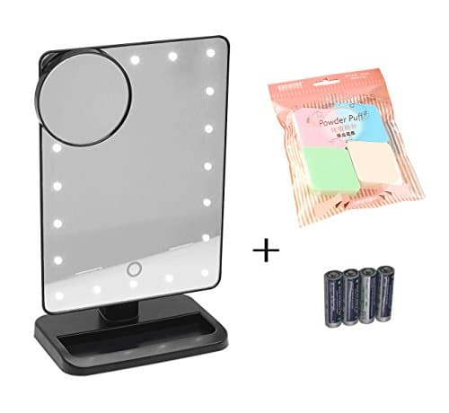 PINGGE US -New Makeup Mirror, FLYMEI Touch Screen 20 LED Lighted Vanity Mirrors with Removable 10x Magnifying Mirrors Adjustable Stand Desk Mirror with Lights, Include AA Batteries (Black)