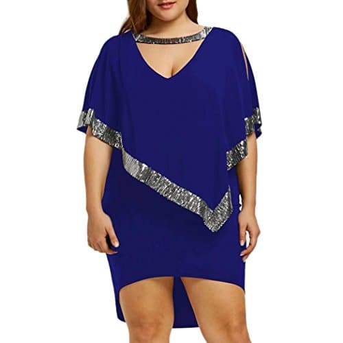 Kangma Women Summer Spring Chiffon Plus Size Sequined Decorated V-Neck Half Sleeve Sparkly Capelet Dress