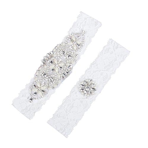 Wedding Garters for Bride White Bridal Garters Set 2 Pieces Set Lace Rhinestones Pearls